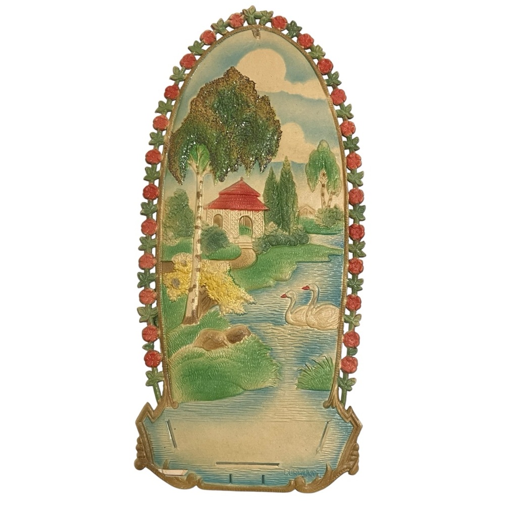 Vintage Die Cut Embossed Swan Lake Calendar Holder Made in Germany